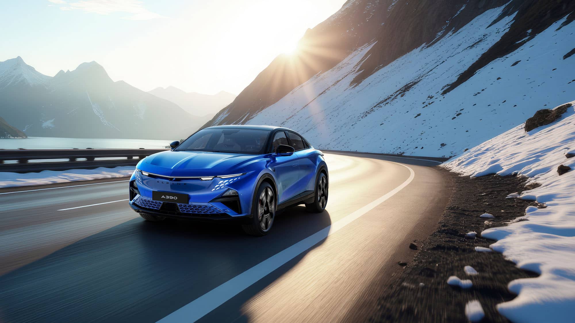 Alpine A390 in einer Winterlandschaft fahrend